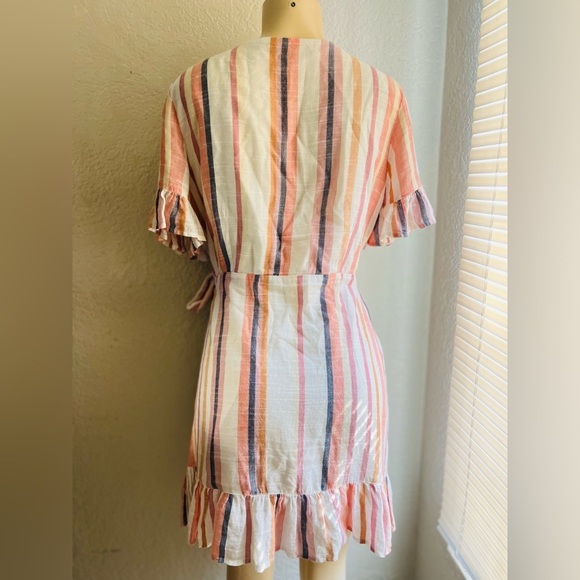 Express Cotton Blend Stripe Ruffle Wrap Dress in Cream Pink Size Medium - Picture 3 of 13
